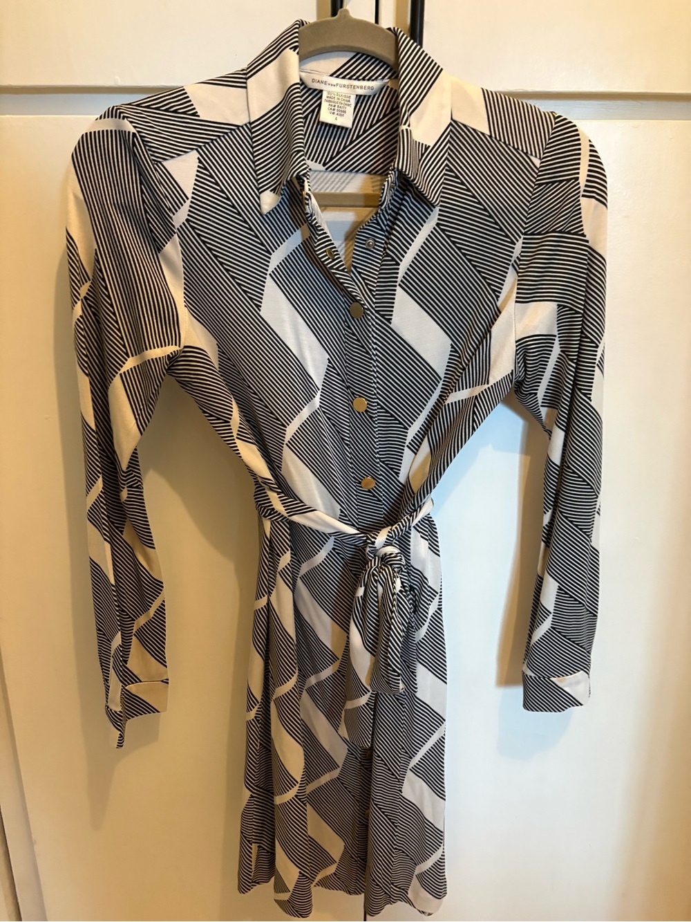 Diane Von Furstenberg Black & White Geometric Shirt Dress with Tie Waist